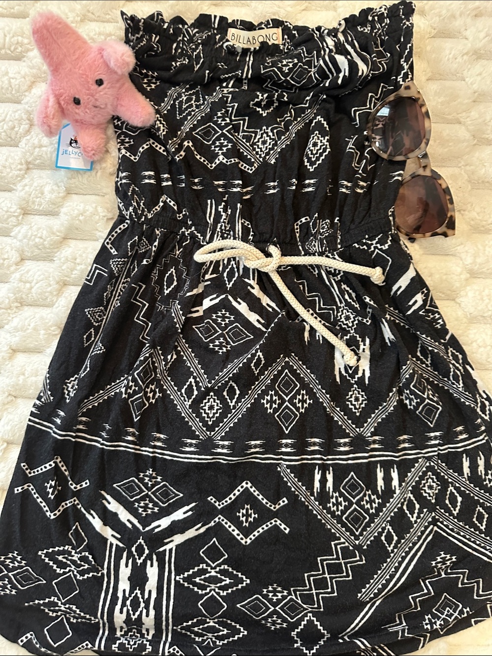 Billabong Black & White Aztec Strapless Dress with Rope Belt
